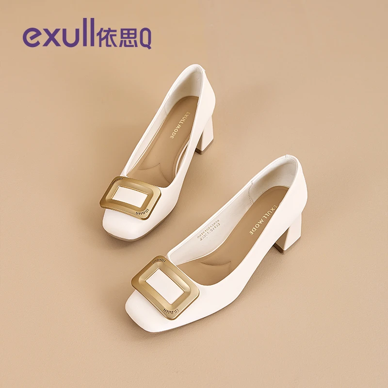 依思q单鞋女2025秋季新款法式气质方头高跟鞋职业通勤粗跟小皮鞋