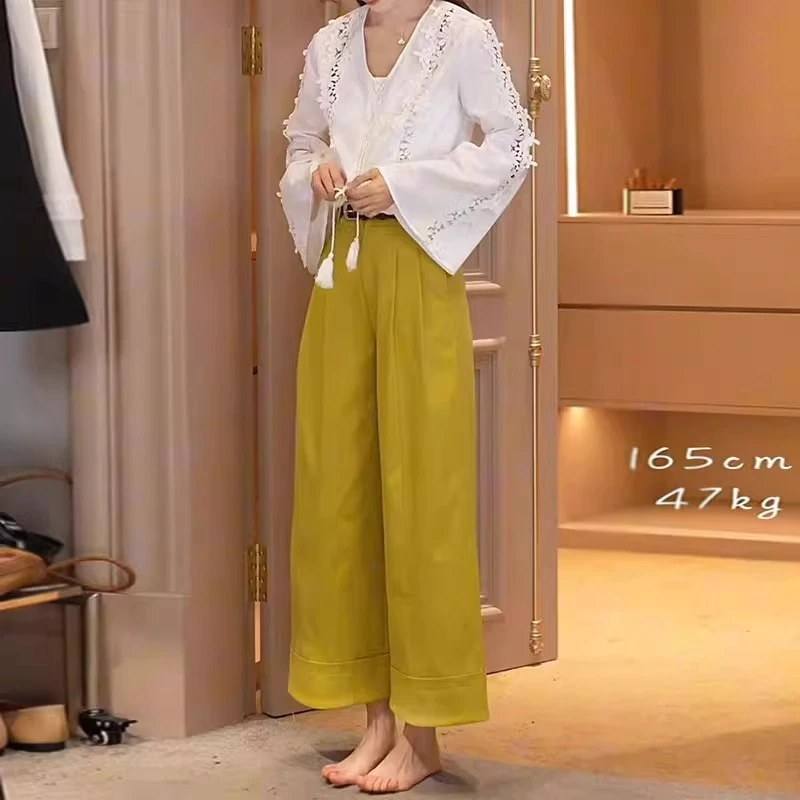 黄色阔腿休闲裤女夏季新款大码胖mm小个子宽松显瘦百搭九分直筒裤