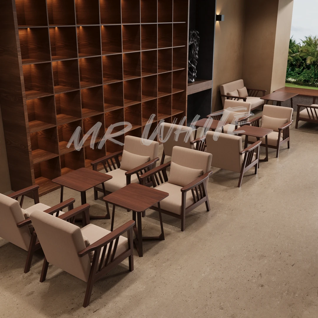 咖啡厅实木桌椅组合酒馆清吧沙发椅桌子北欧轻奢纳帕皮餐厅沙发椅