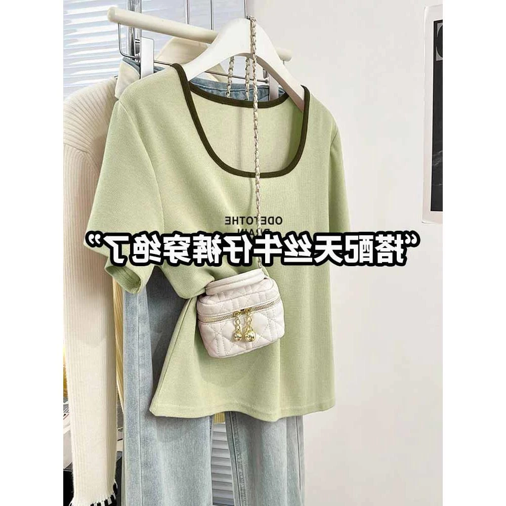 绿色方领短袖恤女2025新款夏季薄款设计感修身显瘦印花锁骨上衣