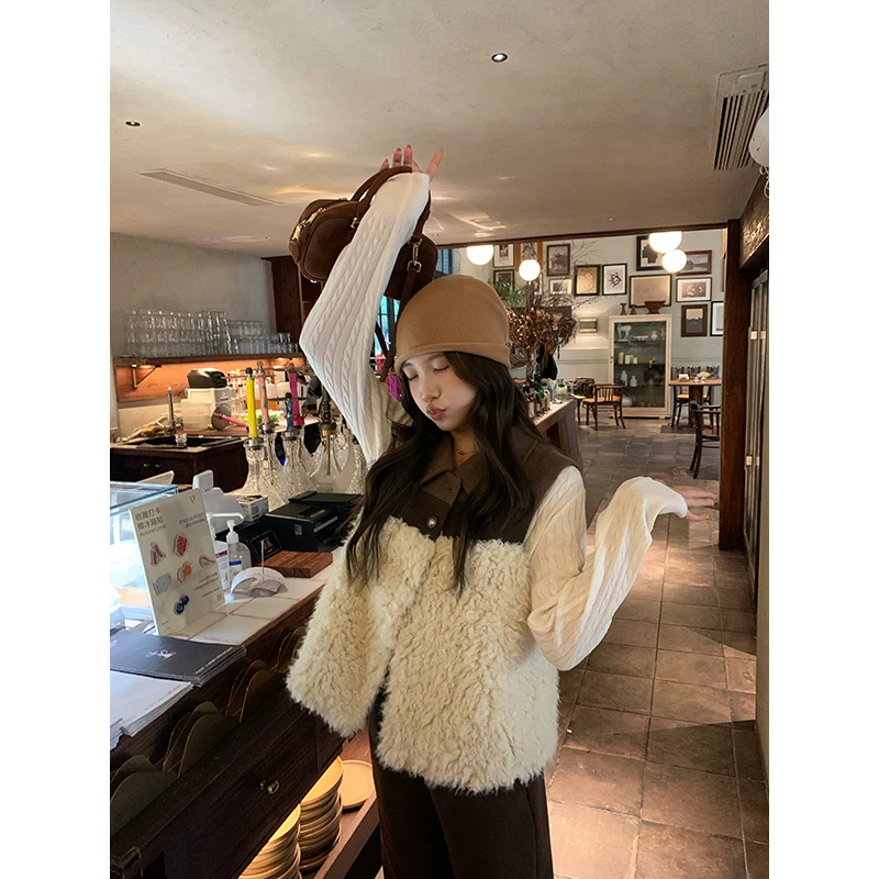 YOKALSS少女家 杏色拼接翻领时尚冬季百搭气质无袖外套 W37762S53