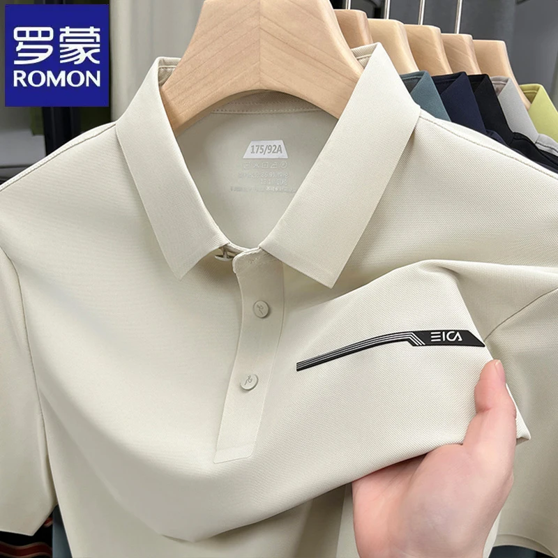 罗蒙纯色无痕锦氨弹力短袖POLO衫夏季新款翻领男士日常通勤t恤衫