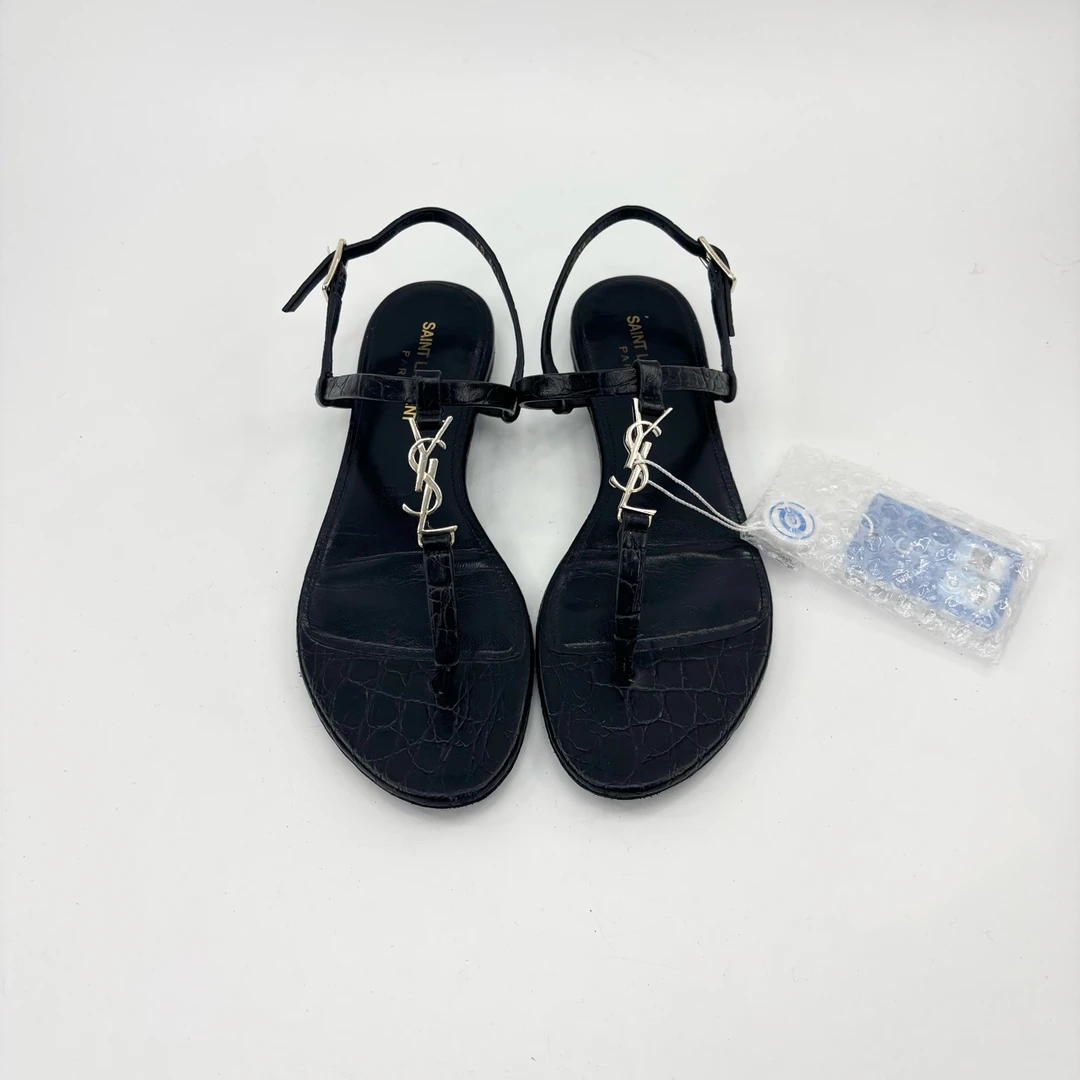 95新 YSL/圣罗兰 36.5码时尚黑金logo绑带平底女士凉鞋/pp426487