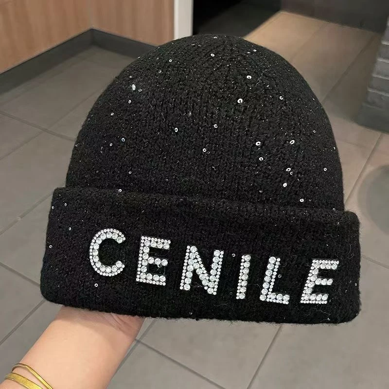 【COCO林可可】轻奢风字母水钻亮片百搭加厚日系套头帽冷帽