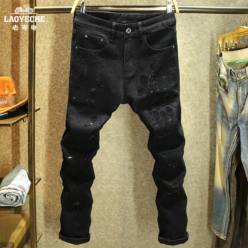 老爷车潮牌骷髅头烫钻牛仔裤男款黑色修身小脚裤街头痞帅精神黑裤