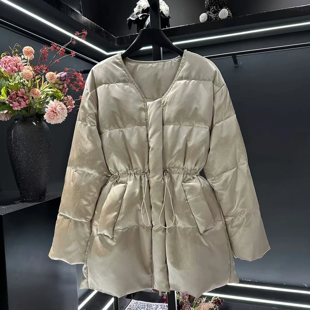 2024冬季新款百搭收腰抽绳中长款时尚白鸭绒羽绒服保暖女冬季三