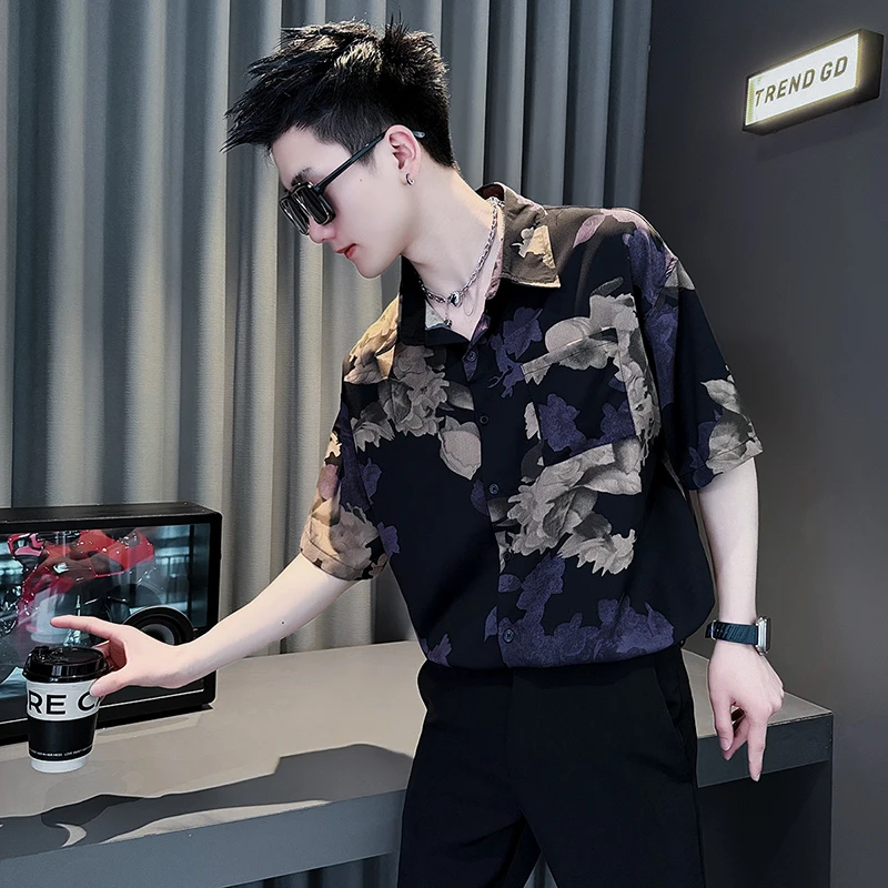 追属轻奢花衬衫短袖男款夏季潮牌设计感碎花衬衣新款百搭休闲寸衫