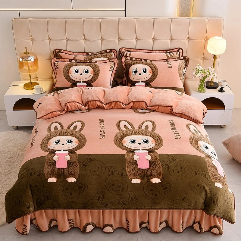 新款加厚牛奶绒四件套防静电秋冬保暖床裙三件套加绒被套床上用品