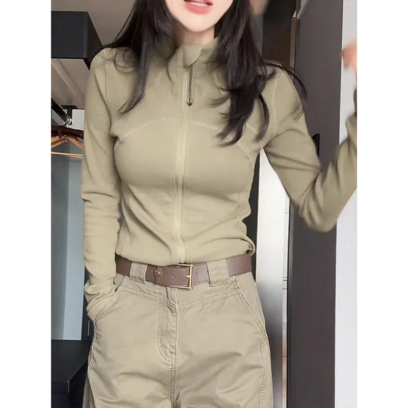 纯色拉链立领开衫外套女2025早秋新款时尚简约城市运动风修身上衣