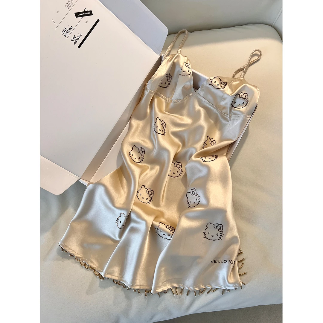 法式轻奢Kitty烫钻吊带冰丝睡裙女2025年新款夏季大码家居服短裙