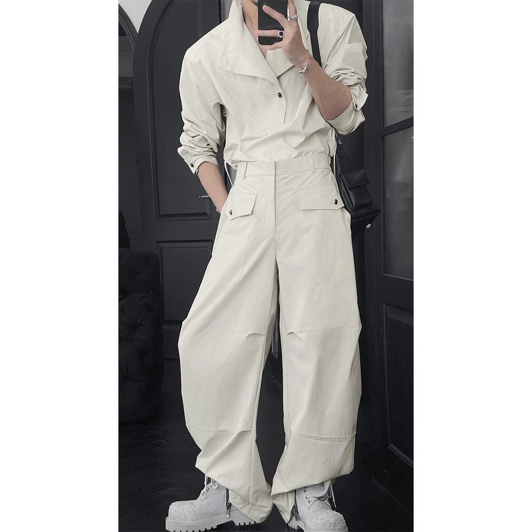 龙叨叨春季新品小众设计感衬衫套装男潮流简约工装衬衣上衣休闲裤