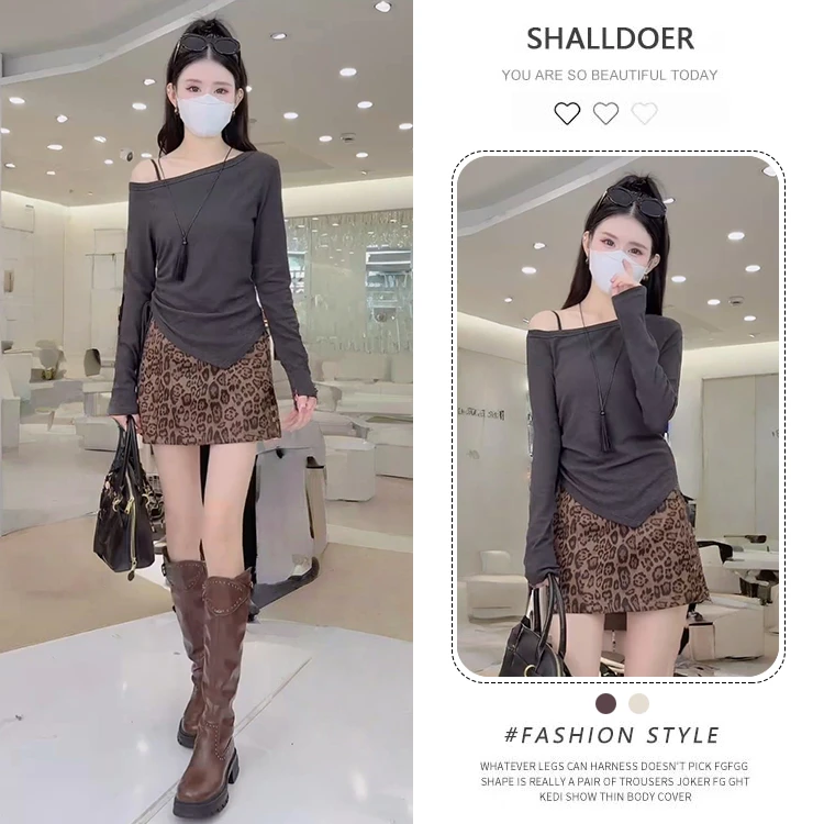 小众炸街高级套装女2025春秋新款露肩长袖t恤豹纹半身短裙两件套