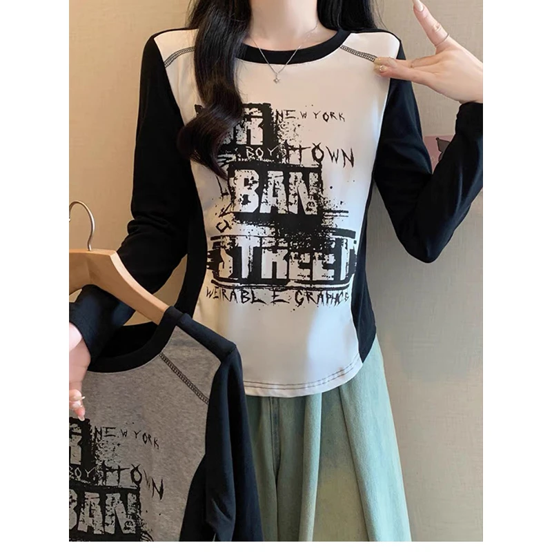 2025大码女装新款秋季双拼色印花长袖T恤圆领时尚百搭潮流风上衣