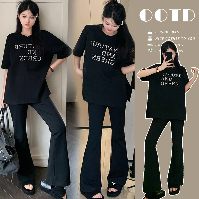 2025年夏季韩版时尚套装宽松显瘦短袖T恤微喇叭休闲裤孕妇两件套