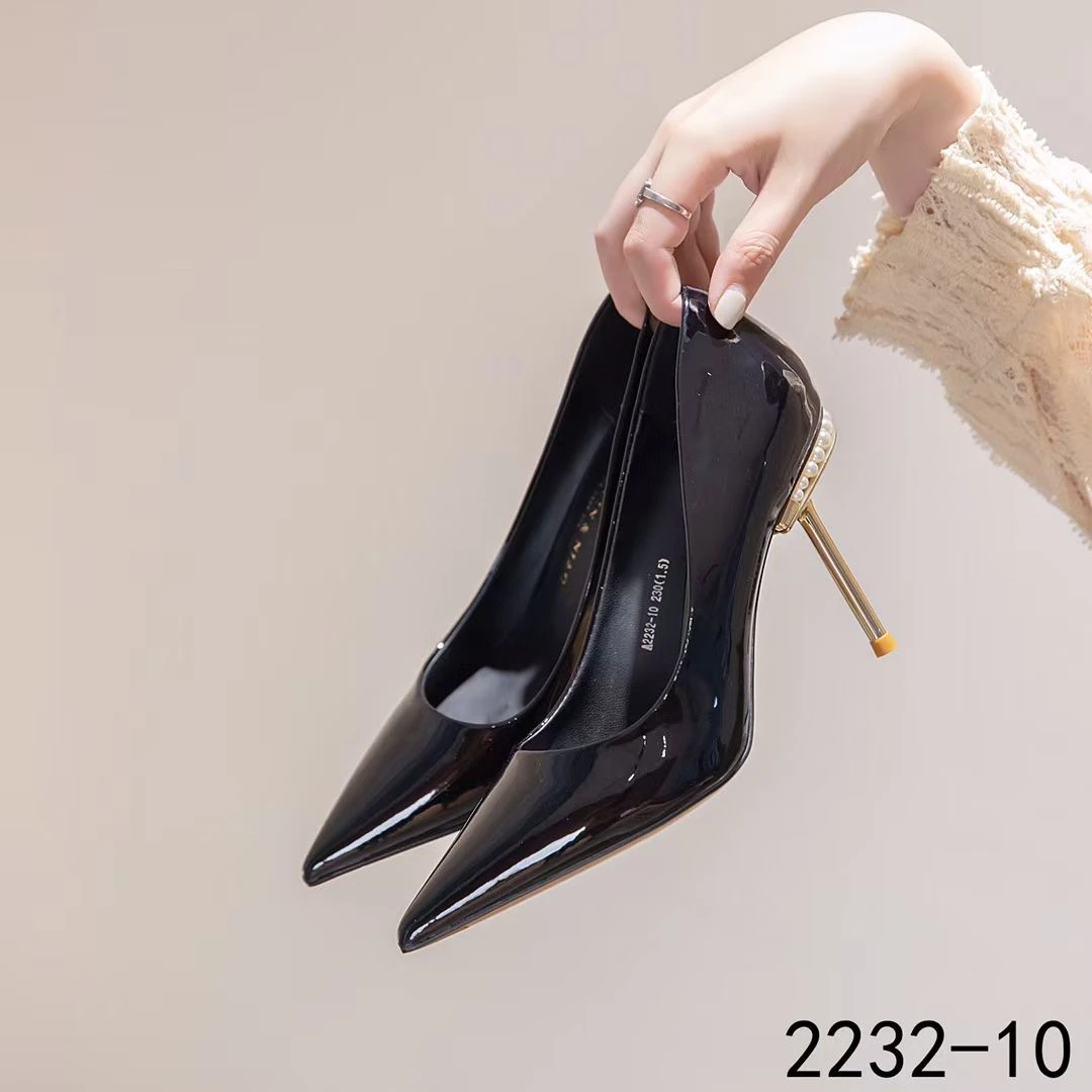 新款尖头气质珍珠金属细高跟8.5CM宴会浅口单鞋2232-10