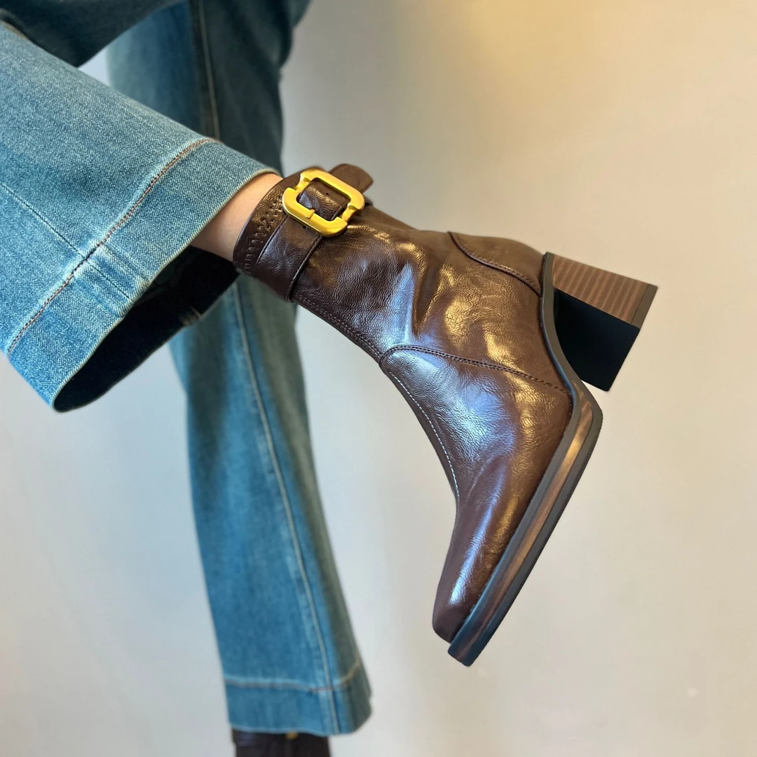 真皮羊皮靴复古马丁靴高跟靴子方头时尚静音底耐磨瘦瘦靴女