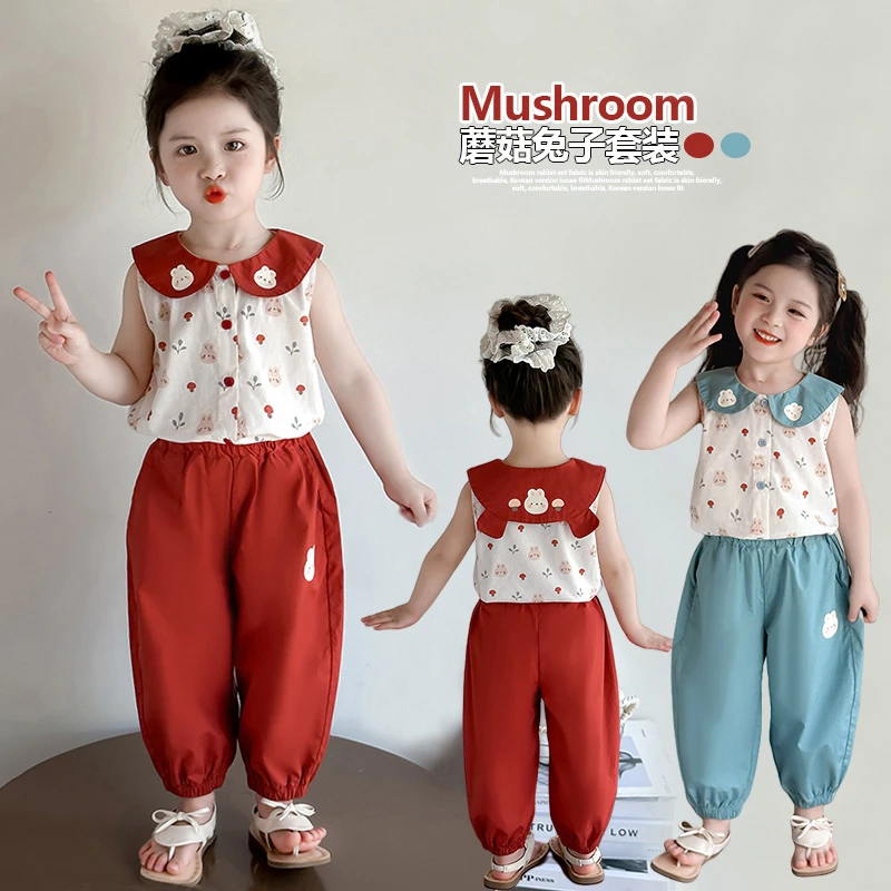 女童娃娃领套装洋气儿童夏季2025新款女宝宝防蚊裤两件套小女孩潮