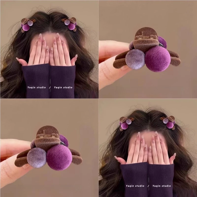 果子紫色~两颗紫色毛球小号抓夹刘海夹发夹可爱边夹发卡头饰女