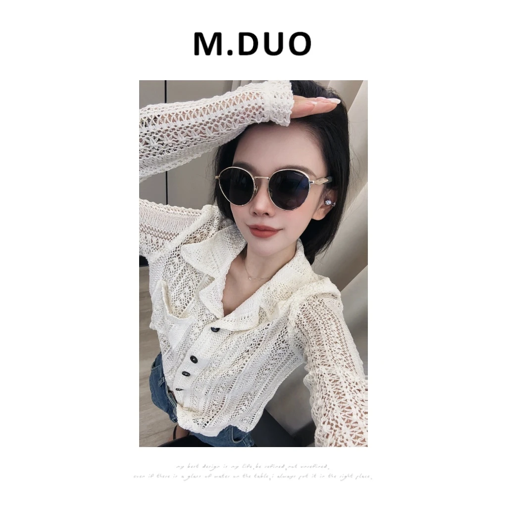 M.DUO （深圳货）镂空百搭夏季翻领设计感小香风纽扣小众开衫3119