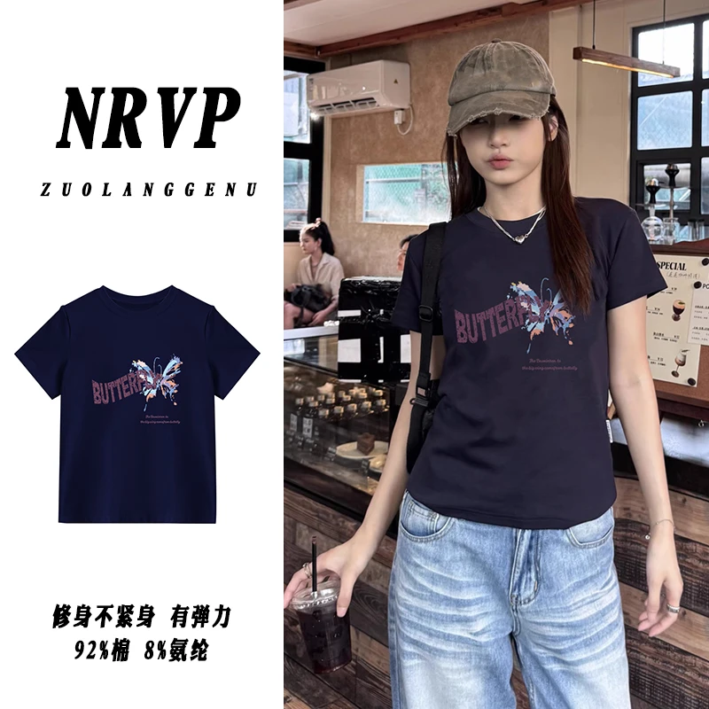 韩系蝴蝶ins风正肩显瘦短袖t恤女大码女装甜美修身上衣高弹力内搭