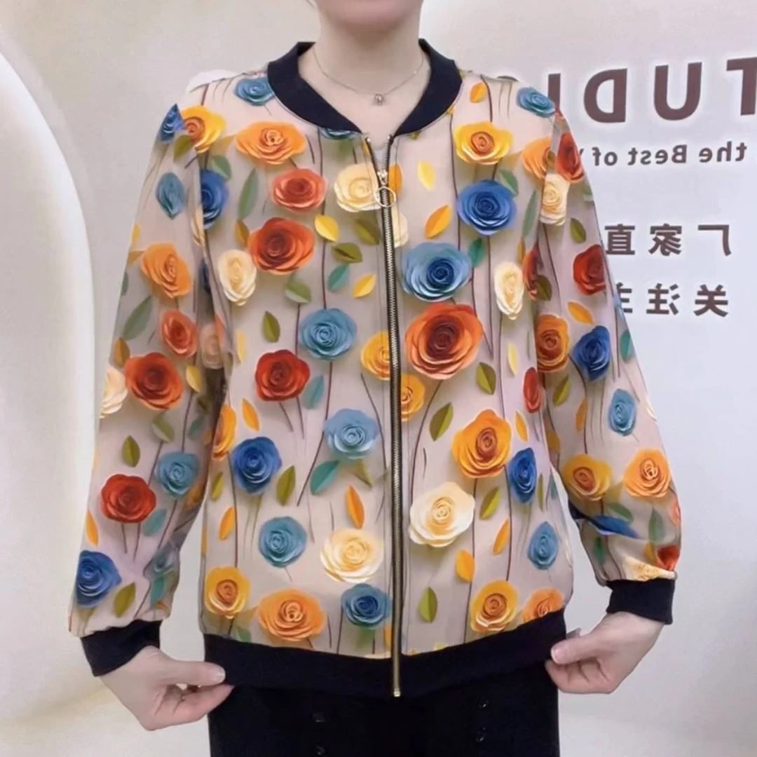 雪纺长袖防晒衣女夏季新款休闲薄款时尚棒球印花夹克短外套开衫