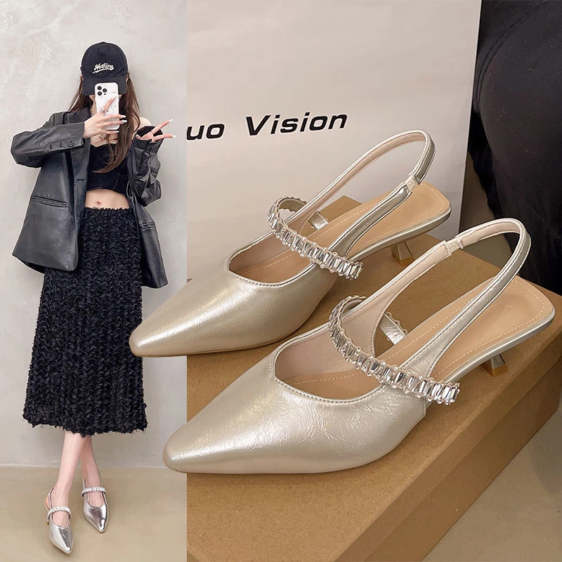 法式尖头高跟鞋女一字带细跟水钻单鞋2025新款气质包头后空凉鞋