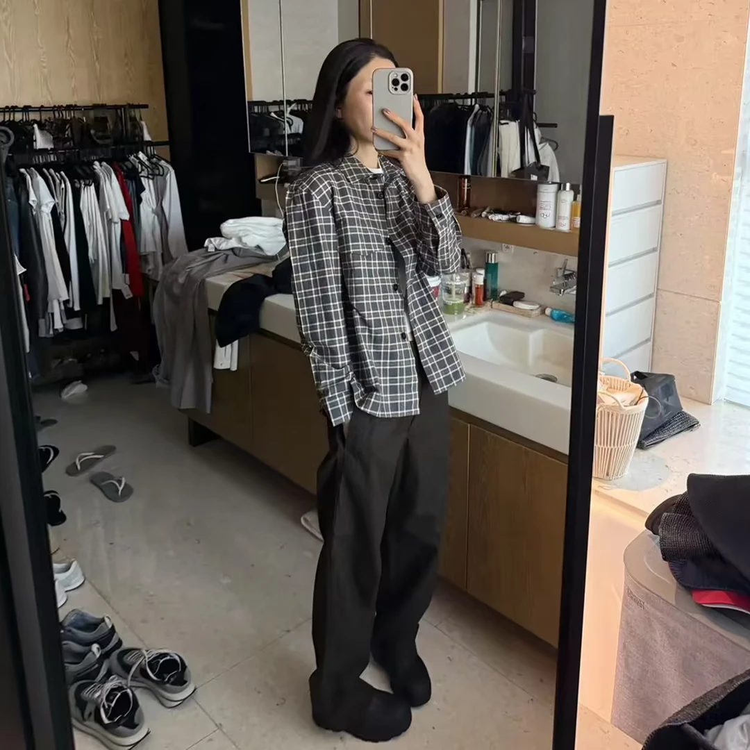 ROMI STUDIO"美式复古"100%棉经典格纹翻领宽松衬衫 RWBSSM1502