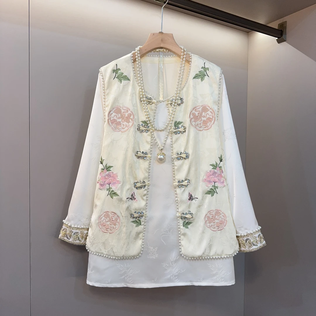 新款国风重工钉珠镶钻盘扣工艺复古刺绣百搭马甲宽松洋气显瘦套装