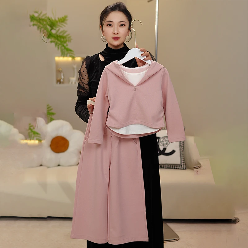 女童套装秋装2025新款儿童春秋款假两件连帽卫衣阔腿裤运动套装