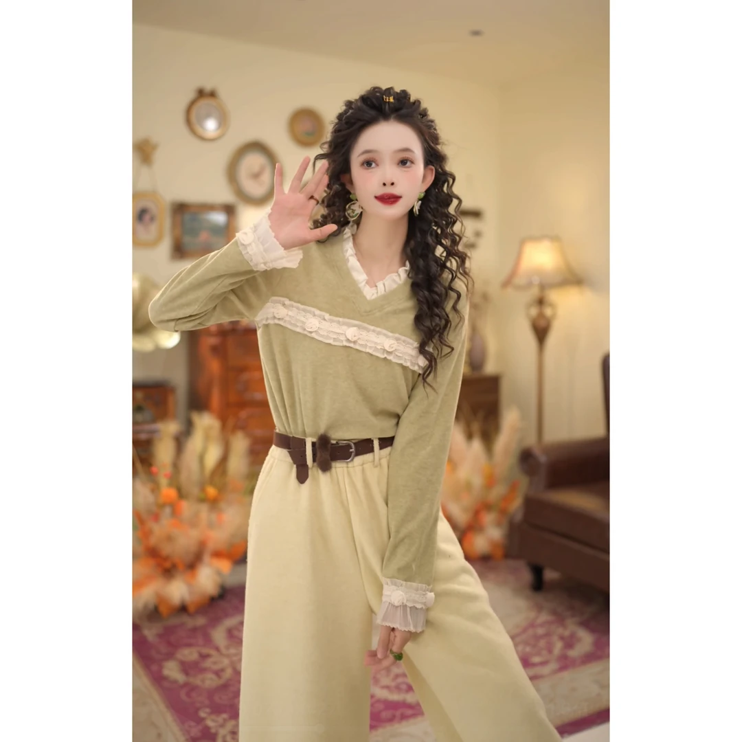 扣子家【茉莉清茶】港风复古V领花边拼接打底衫T恤KK0726467