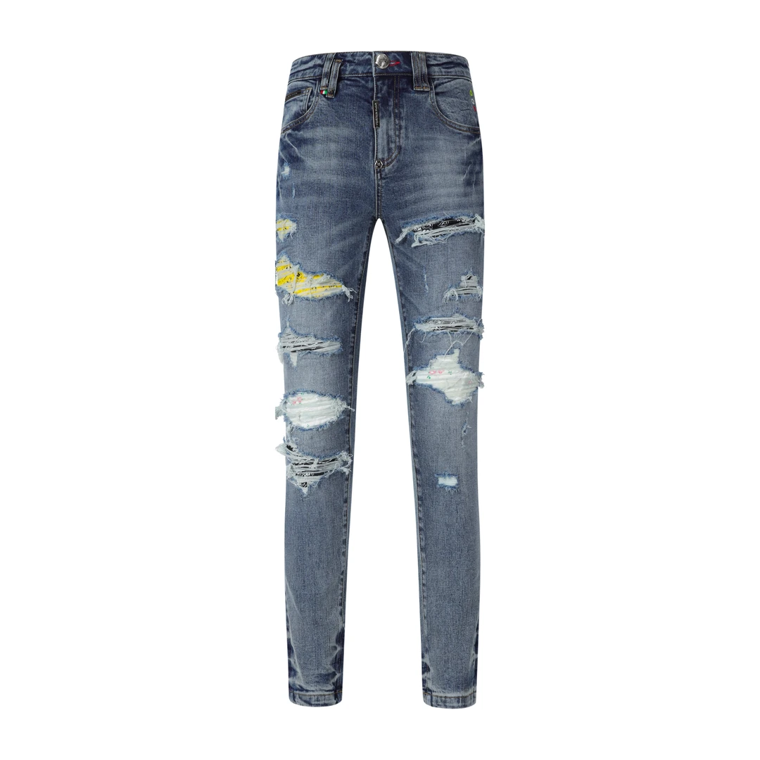 破洞复古补丁赤耳水洗宽松牛仔裤男士时尚做旧裤子水洗修身