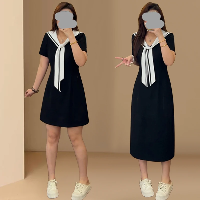 大码学院风海军领短袖连衣裙女夏季胖mm收腰梨形身材巨显瘦小黑裙