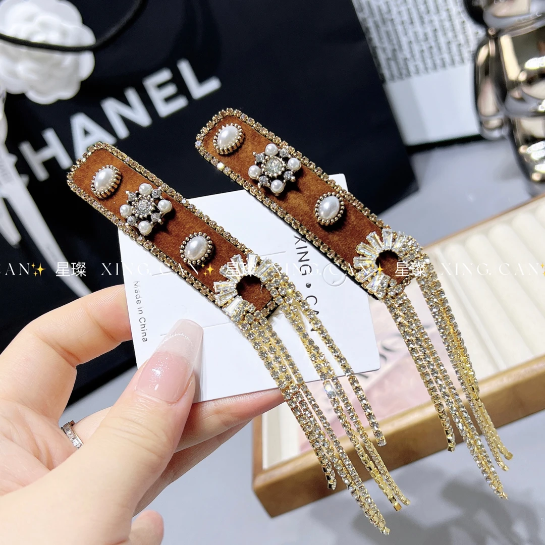 流苏咖色丝绒民族风发夹头饰轻奢镶钻BB夹重工发饰网红复古小香风