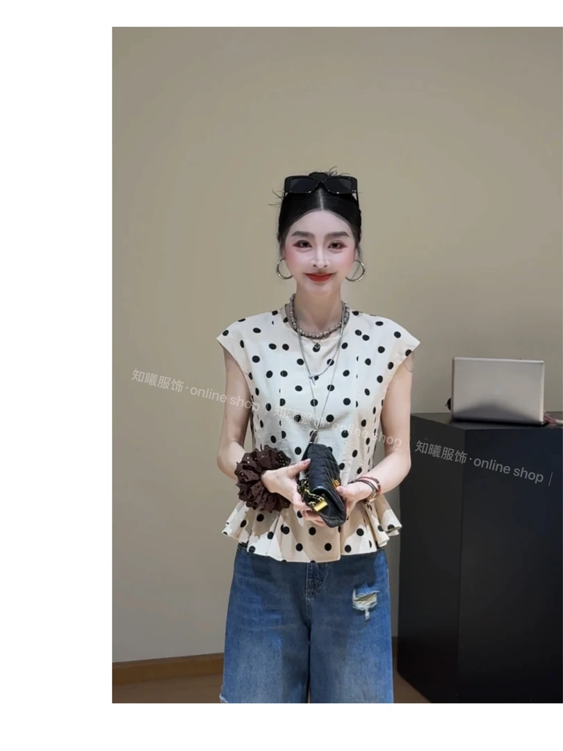 8338【露华浓】2025夏季简约显瘦洋气法式设计感韩系波点上衣