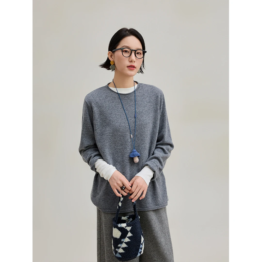 麻霖秋冬新品100%山羊绒软糯亲肤保暖显瘦圆领卷边针织上衣打底衫