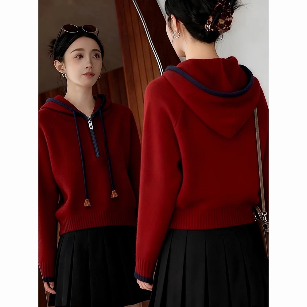 韩系气质慵懒风拼色连帽针织衫女秋冬新款休闲百搭宽松显瘦上衣潮