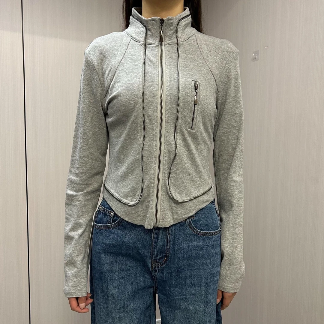 NO 退NO 换重工多拉链立领修身型短款开衫四季单穿打底显瘦--6202