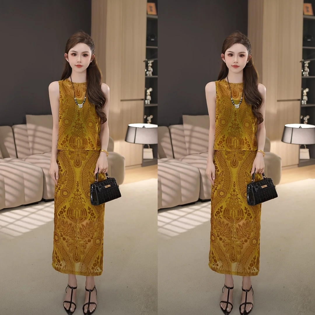 2025夏季穿搭新款后背开叉提花裙子套装显瘦时尚高级感轻奢复古