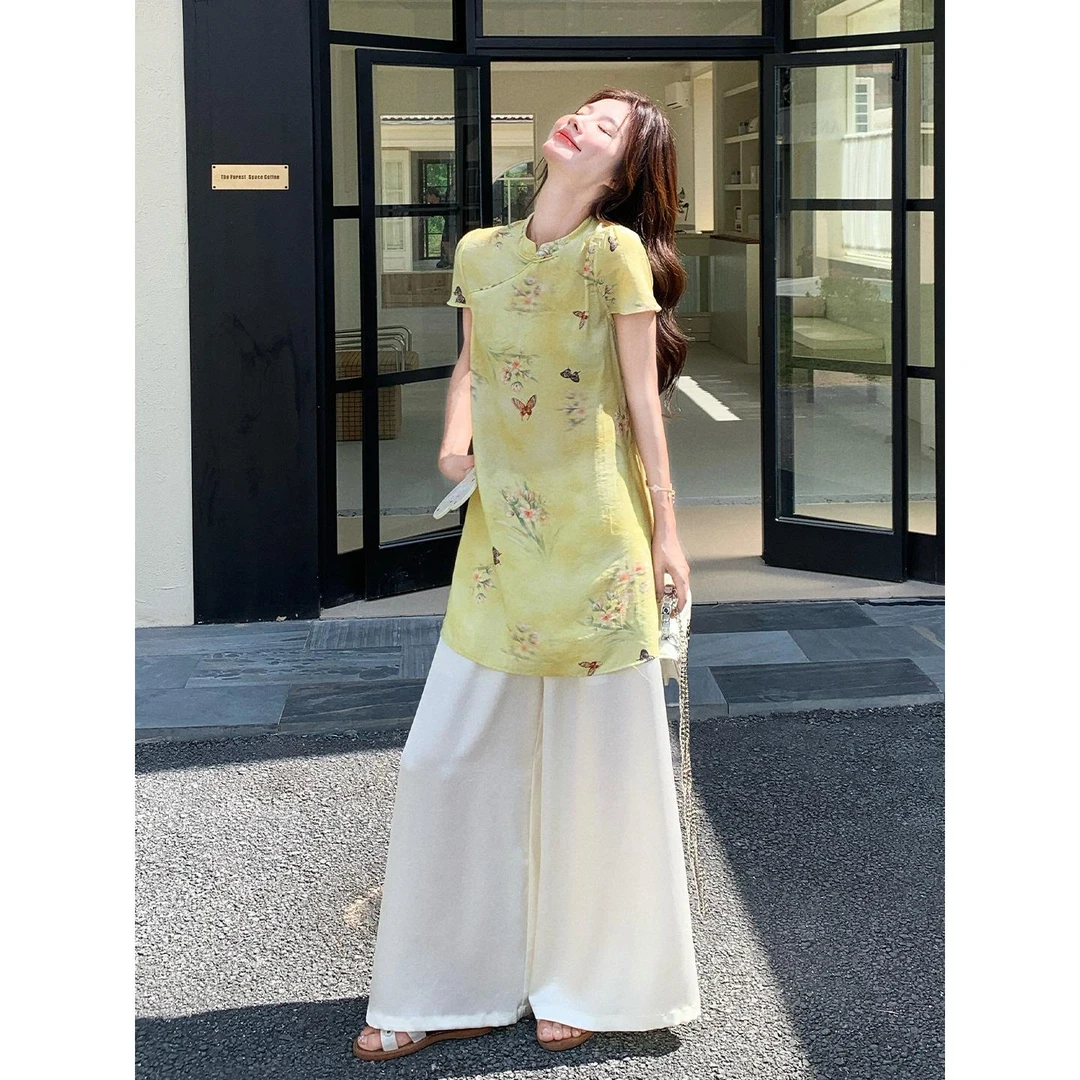 新中式国风改良旗袍裙上衣阔腿裤裙两件套清冷感绝美漂亮独特套装