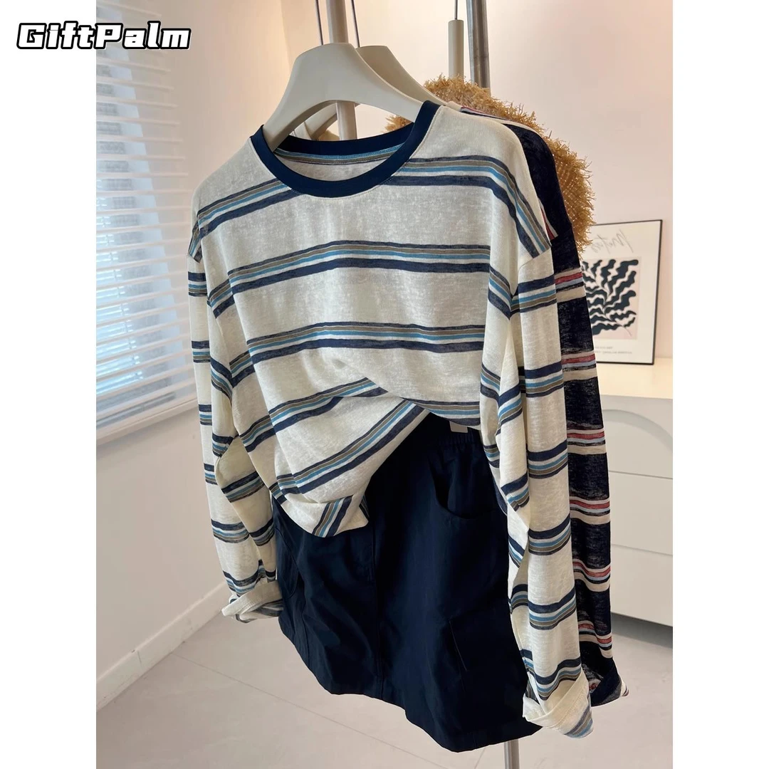 GiftPalm韩版条纹撞色薄款微弹圆领长袖T恤女宽松慵懒防晒衫夏季