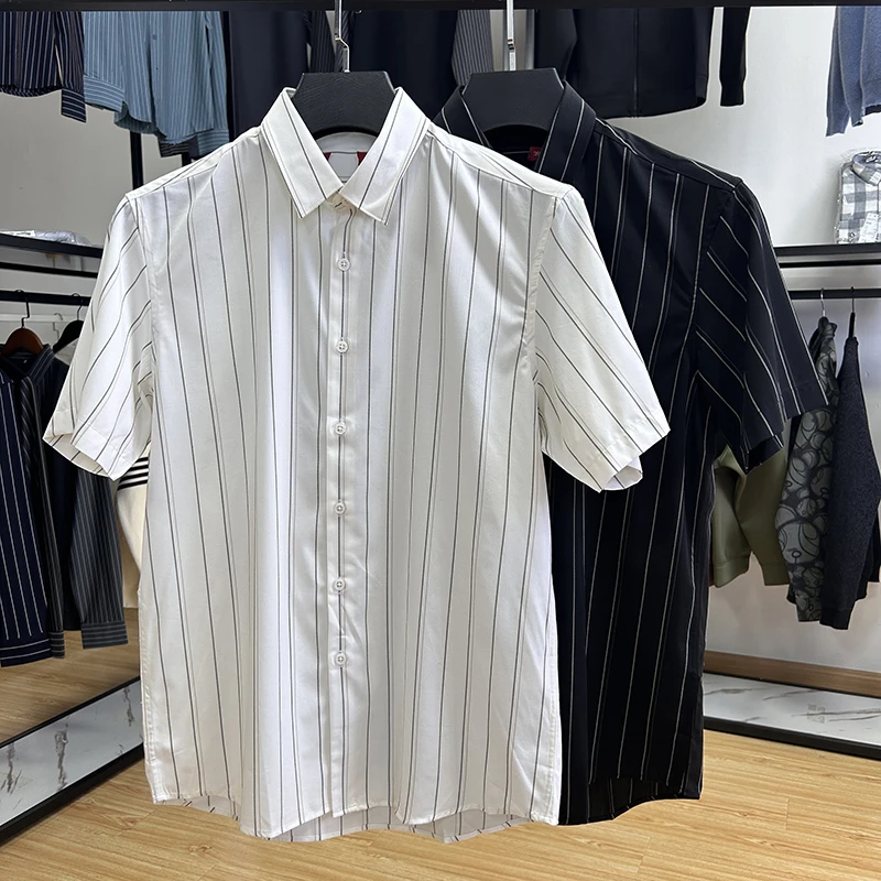 弹力冰感纱线！透气条纹男士尖领休闲短袖衬衫夏季衬衣 Y4D0340
