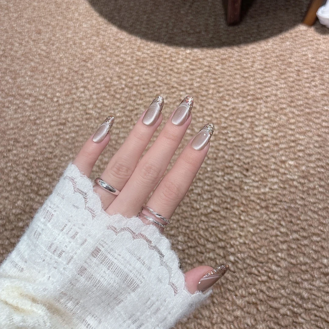 [香香]老钱风法式（默认无格纹）猫眼纯手工穿戴甲 18种甲型定制