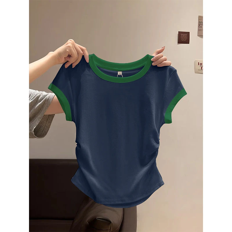 2025春夏季拼色小飞袖修身正肩短袖t恤女收腰显瘦百搭基础款上衣