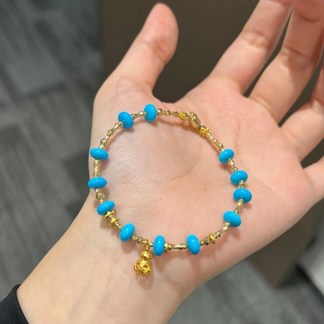 福余珠宝18k金美国天然高瓷高蓝绿松石手串算盘珠绿松手链6.5mm+