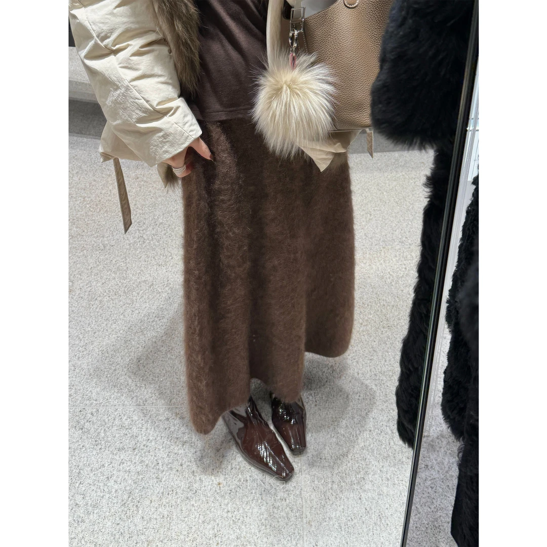 钱美西 100牦牛绒300g重磅拉绒针织半裙冬季高级感显瘦A字长裙女