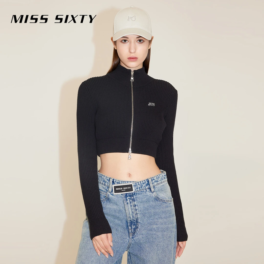 Miss Sixty针织衫女立领钻饰修身短款双拉链外搭时尚休闲运动风