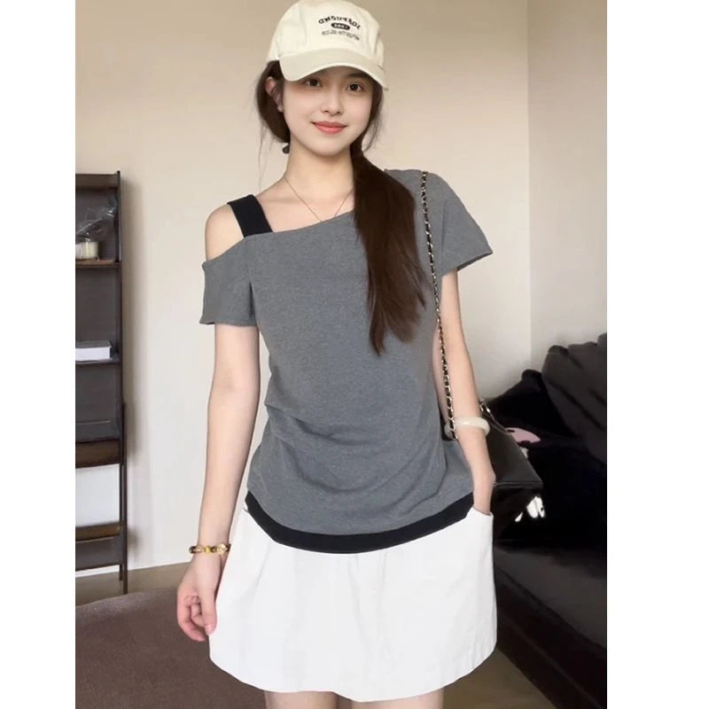纯欲辣妹韩系复古斜肩假两件夏季短袖T恤女时尚设计感百搭上衣