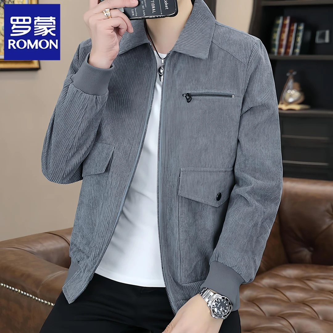 罗蒙时尚翻领男士夹克春秋季开衫休闲百搭上衣青年灯芯绒工装外套