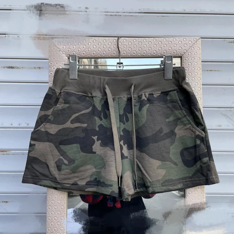 外贸女士松紧迷彩三分运动时尚潮牌新款毛圈棉短裤低腰热裤休闲