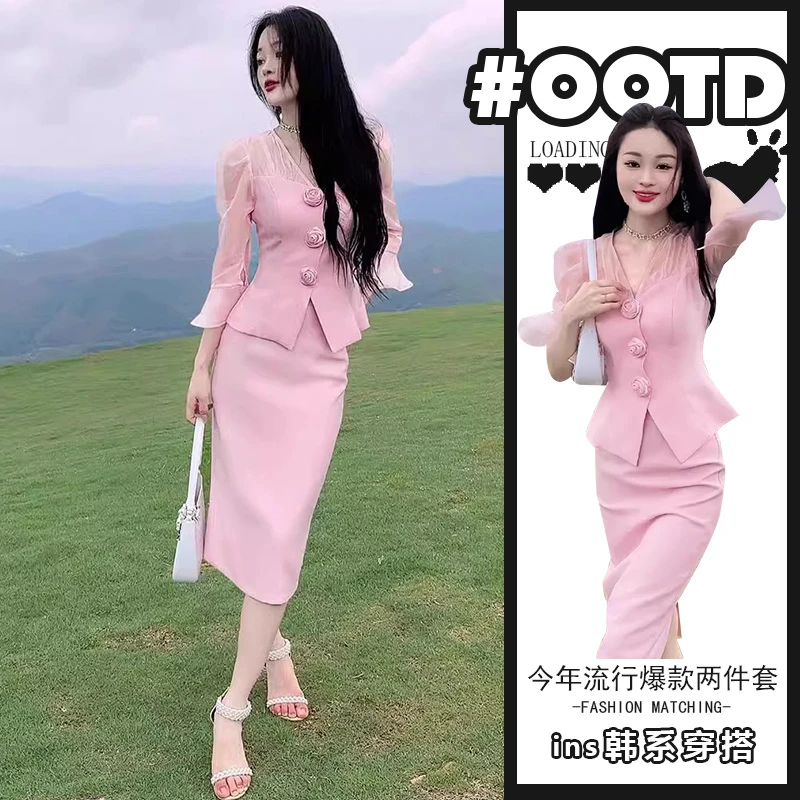 盐系轻熟两件套装2025夏季高级感别致立体花朵v领上衣高腰包臀裙